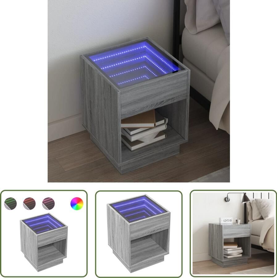 VidaXL Nachtkastje met Infinity LED 40x40x50 cm grijs sonoma eiken Nachtkastje Kastje Led Lamp Nachtlamp Slaapkamerr