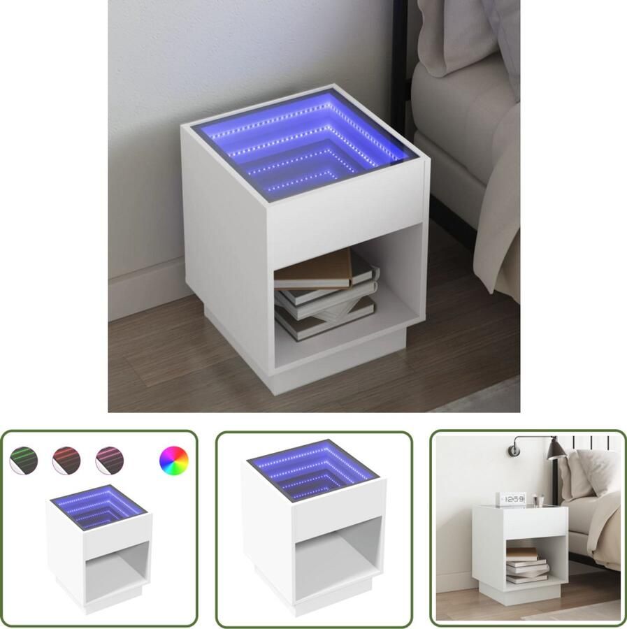 VidaXL Nachtkastje met Infinity LED 40x40x50 cm wit Nachtkastje Kastje Led Lamp Nachtlamp Slaapkamersfeer