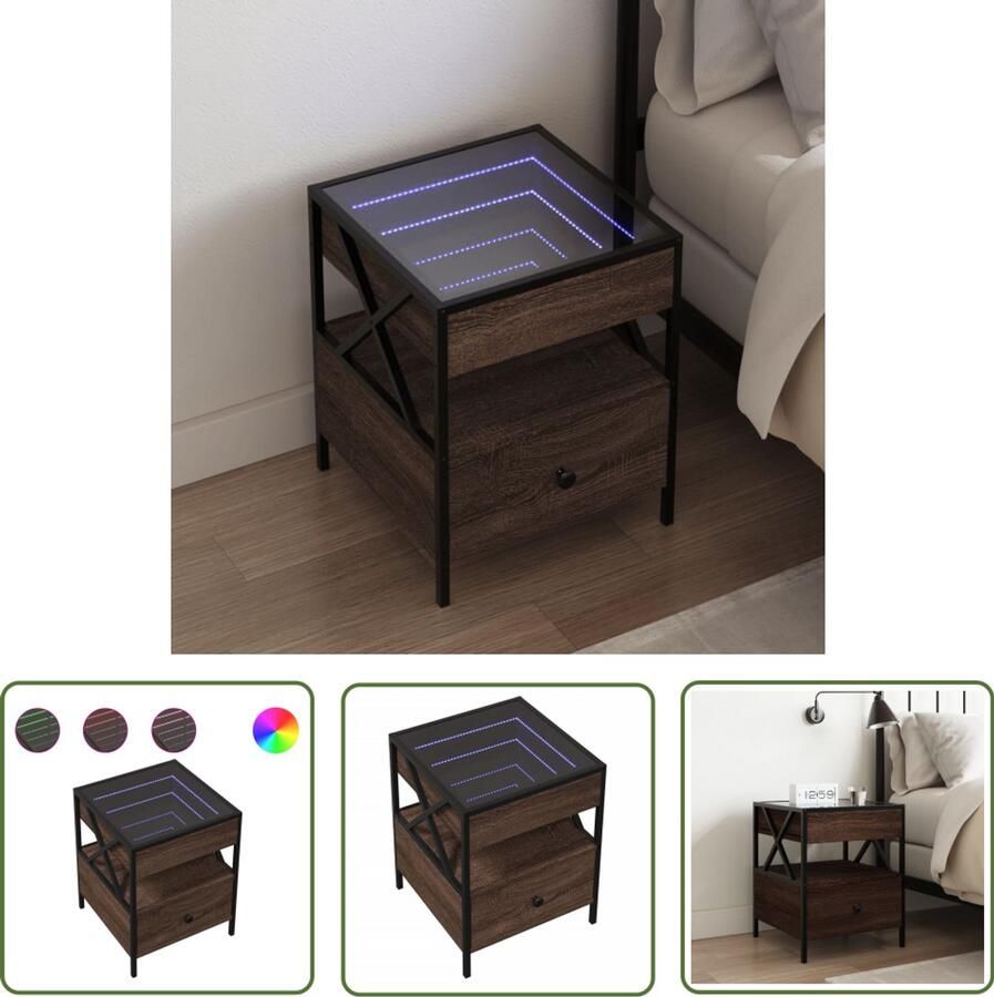 VidaXL Nachtkastje met Infinity LED 40x40x51 cm bruin eikenkleurig Nachtkastje Kastje Led Lamp Nachtlamp Bedroom Furniture