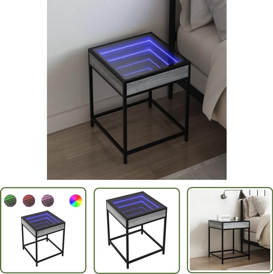 VidaXL Nachtkastje met Infinity LED 40x40x51 cm grijs sonoma eiken Nachtkastje Kastje Led Lamp Nachtlamp Slaapkamerr