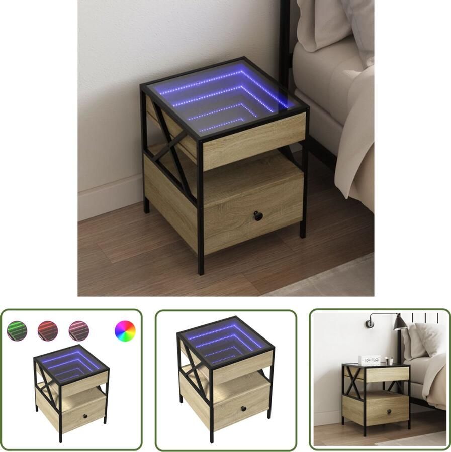 VidaXL Nachtkastje met Infinity LED 40x40x51 cm sonoma eikenkleurig Nachtkastje Kastje Led Lamp Nachtlamp Salontafel