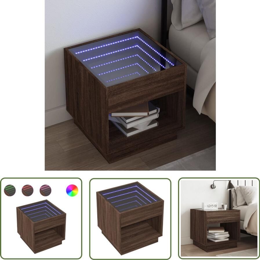 VidaXL Nachtkastje met Infinity LED 50x50x50 cm bruin eikenkleurig Nachtkastje Kastje Led Lamp Nachtlamp Bedroom Furniture