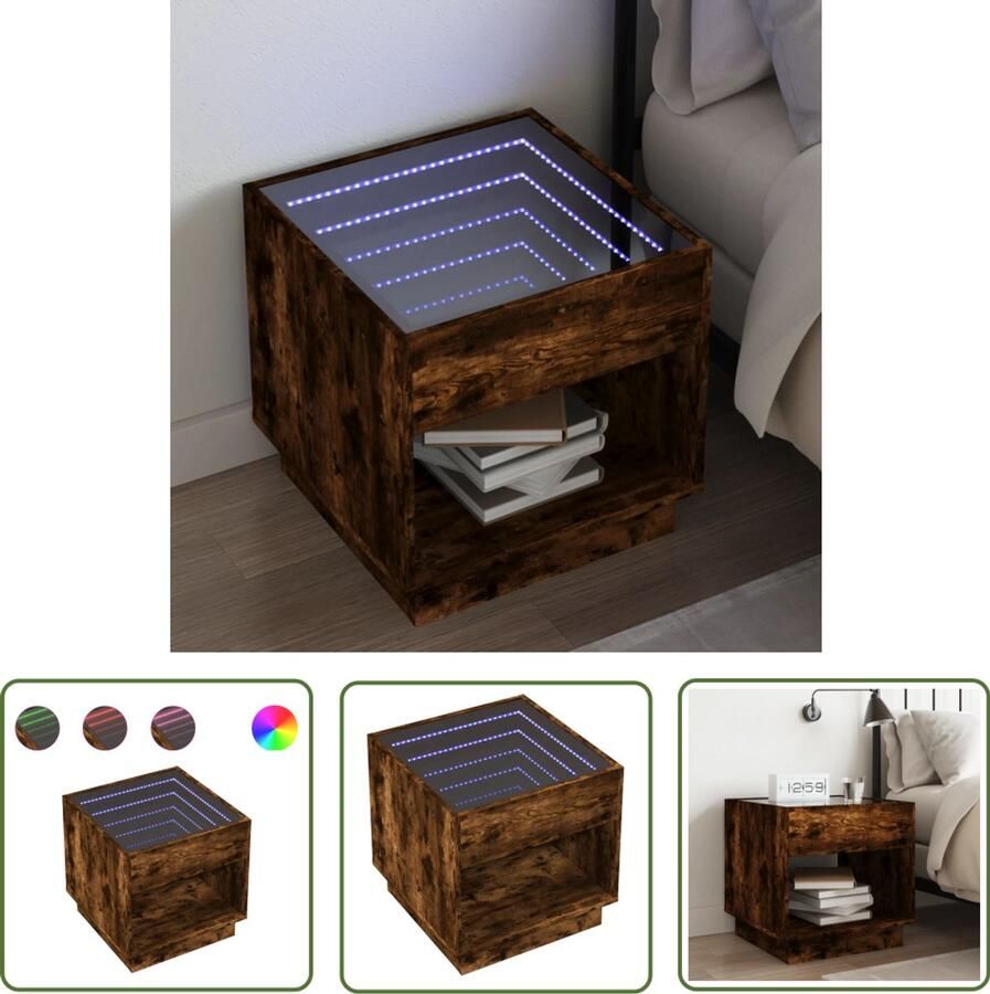 VidaXL Nachtkastje met Infinity LED 50x50x50 cm gerookt eikenkleurig Nachtkastje Kastje Led Licht Nachtlamp Slaapkamersdecoratie
