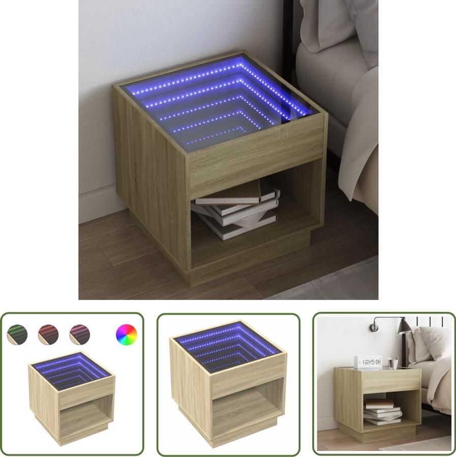 VidaXL Nachtkastje met Infinity LED 50x50x50 cm sonoma eikenkleurig Nachtkastje Kastje Led Lamp Nachtlamp Bedroom Furniture
