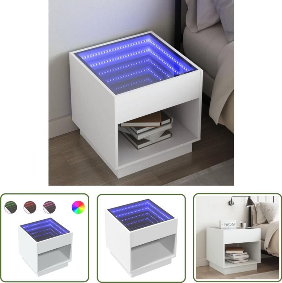 VidaXL Nachtkastje met Infinity LED 50x50x50 cm wit Nachtkastje Kastje Led Lamp Nachtlamp Bedroom Furniture