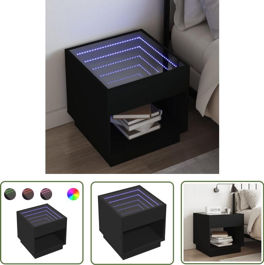 VidaXL Nachtkastje met Infinity LED 50x50x50 cm zwart Nachtkastje Kastje Led Lamp Nachtlamp Slaapkamerr