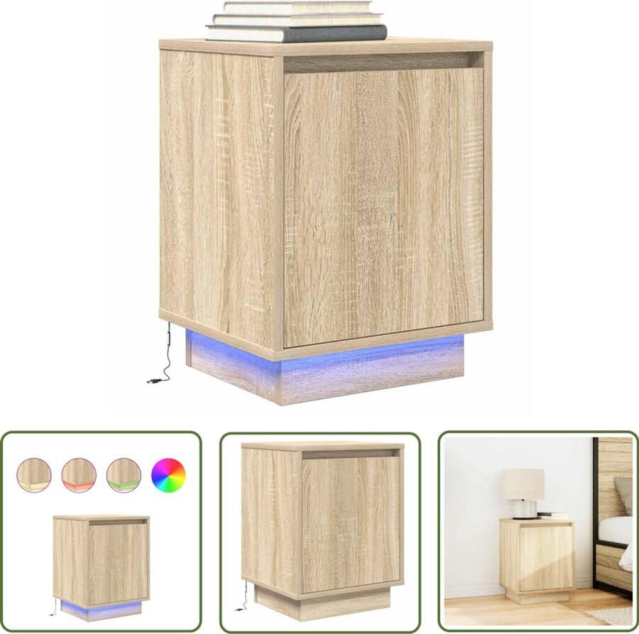 The Living Store Nachtkastje met led-verlichting 38x34x50 cm sonoma eikenkleurig Nachtkastje Kastje Led Verlichting Slaapkamers Houten Meubilair