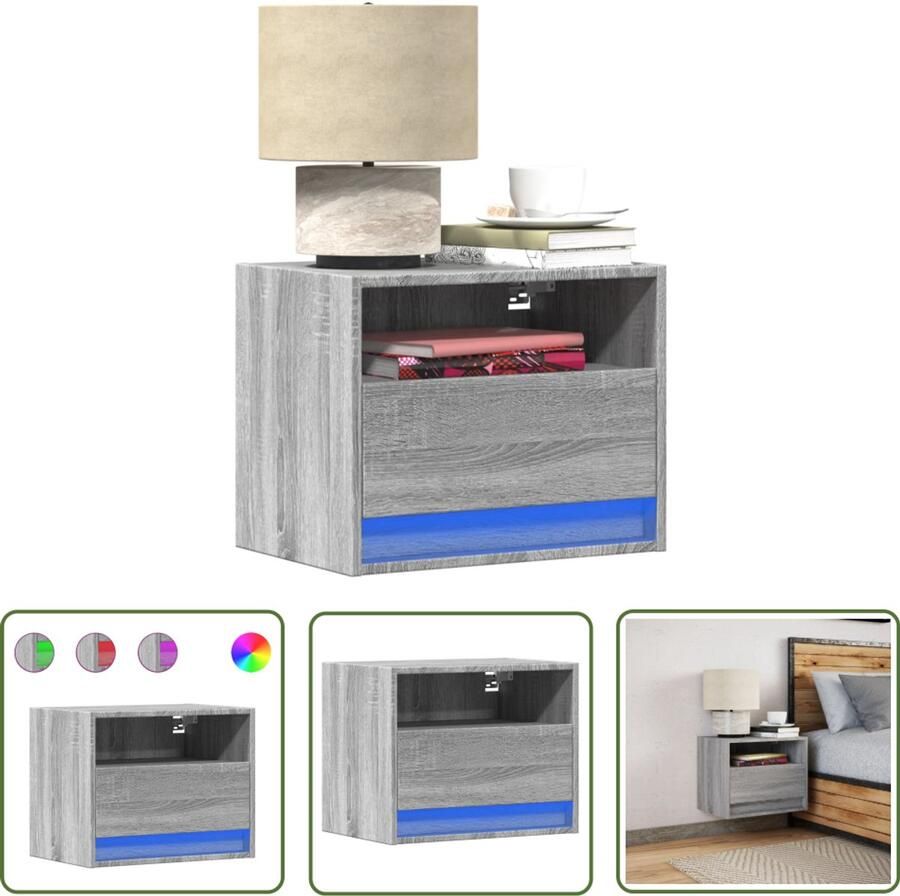 VidaXL Nachtkastje met LED's wandgemonteerd grijs sonoma eikenkleurig Nachtkastje Kastje Led Lamp Wandkast Slaapkamersfeer