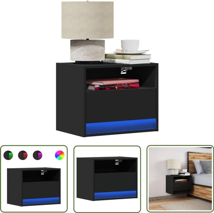 VidaXL Nachtkastje met LED's wandgemonteerd zwart Nachtkastje Kastje Led Lamp Wandmontage Slaapkamersdecoratie