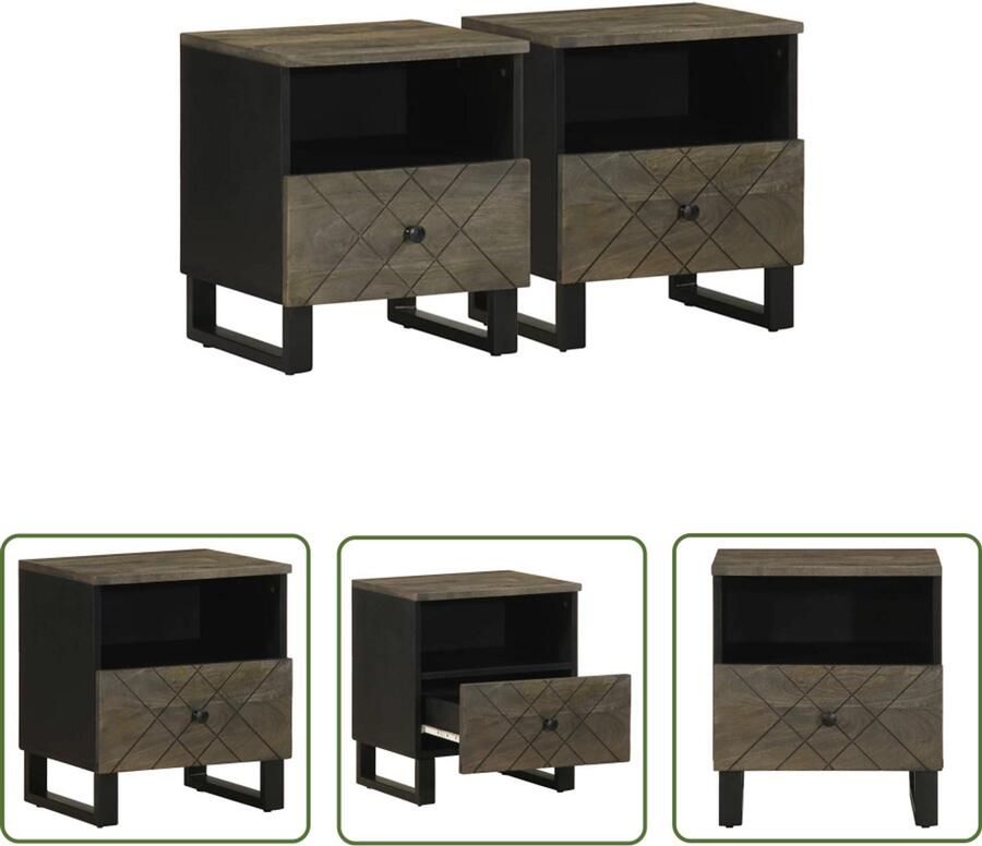 The Living Store Nachtkastjes 2 st 40x33x46 cm massief mangohout zwart Nachtkastjes Kastjes Mango Wood Houten Kasten Slaapkamers