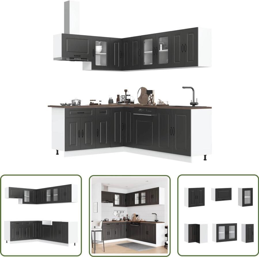 The Living Store 11-delige Keukenkastenset Kalmar bewerkt hout zwart Keuken Kast Houten Keuken Zwarte Keuken Kookeiland Opslagruimte