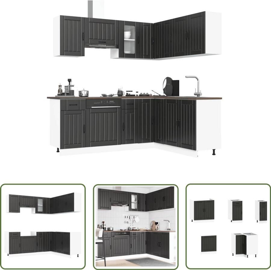 The Living Store 11-delige Keukenkastenset Kalmar bewerkt hout zwart Keuken Kast Houten Keuken Zwarte Keuken Kookeiland Opslagruimte