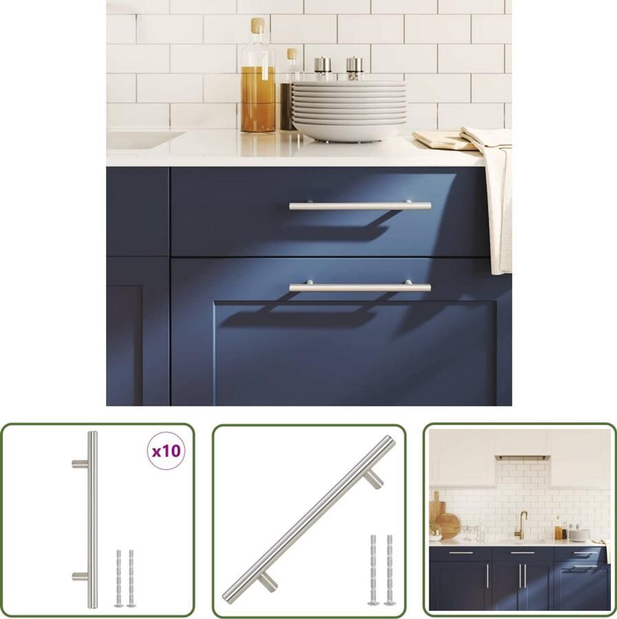 The Living Store Handvatten 10 st 160 mm roestvrij staal zilverkleurig Deurgrepen Handvatten Keukenkast Grepen Ladehandvatten Roestvast Staal