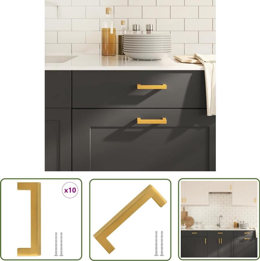 VidaXL Handvatten 10 st 96 mm roestvrij staal goudkleurig Handvatten Keukenkast Ladegrepen Gouden Handvatten Roestvrijstalen Handvatten