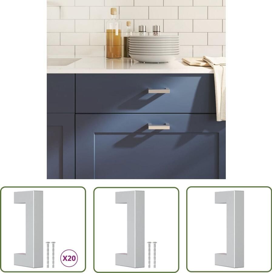 The Living Store Handvatten 20 st 64 mm roestvrij staal zilverkleurig Handvatten Keukenkast Ladegrepen Roestvrijstalen Handvatten Kastbeslag