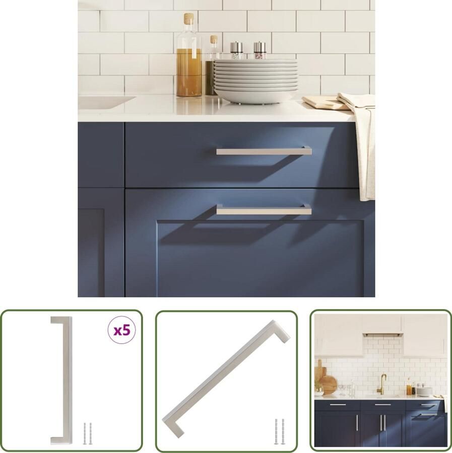 The Living Store Handvatten 5 st 192 mm roestvrij staal zilverkleurig Handvatten Keukenkast Ladegreep Roestvrijstalen Handvatten Vintage Handvatten