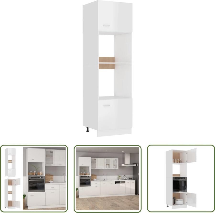 The Living Store Magnetronkast Lyon 60x57x207 cm bewerkt hout hoogglans wit Keukenkast Opslagruimte Kookeiland Designkeuken Witte Keuken