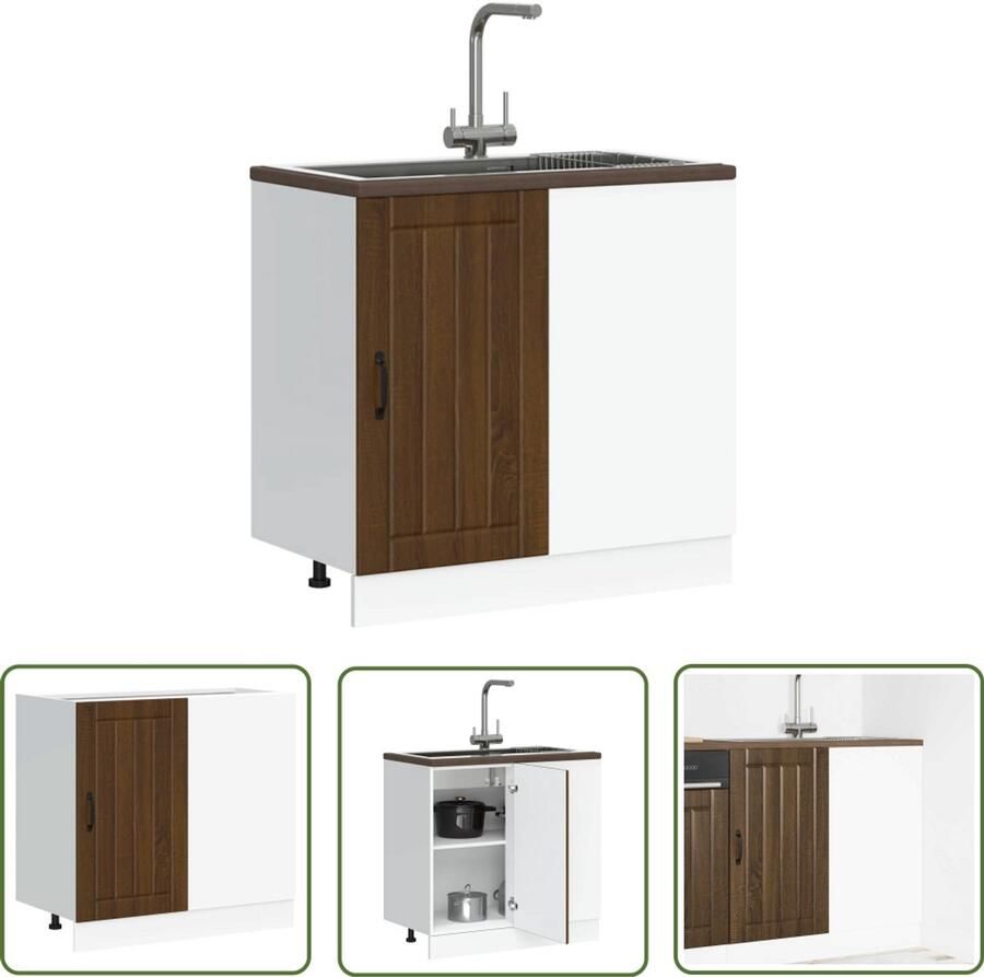 The Living Store Spoelbakonderkast Lucca bewerkt hout bruin eikenkleur Spoelbakonderkast Keukenkast Houten Kast Opslagruimte Badkamermeubel