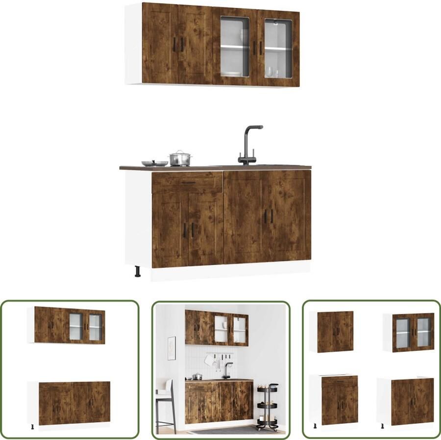 The Living Store 4-delige Keukenkastenset Kalmar bewerkt hout gerookt eiken Keukenkasten Houten Keukenkasten Keukenopstelling Kalmar Serie Gerookt Eiken Meubilair