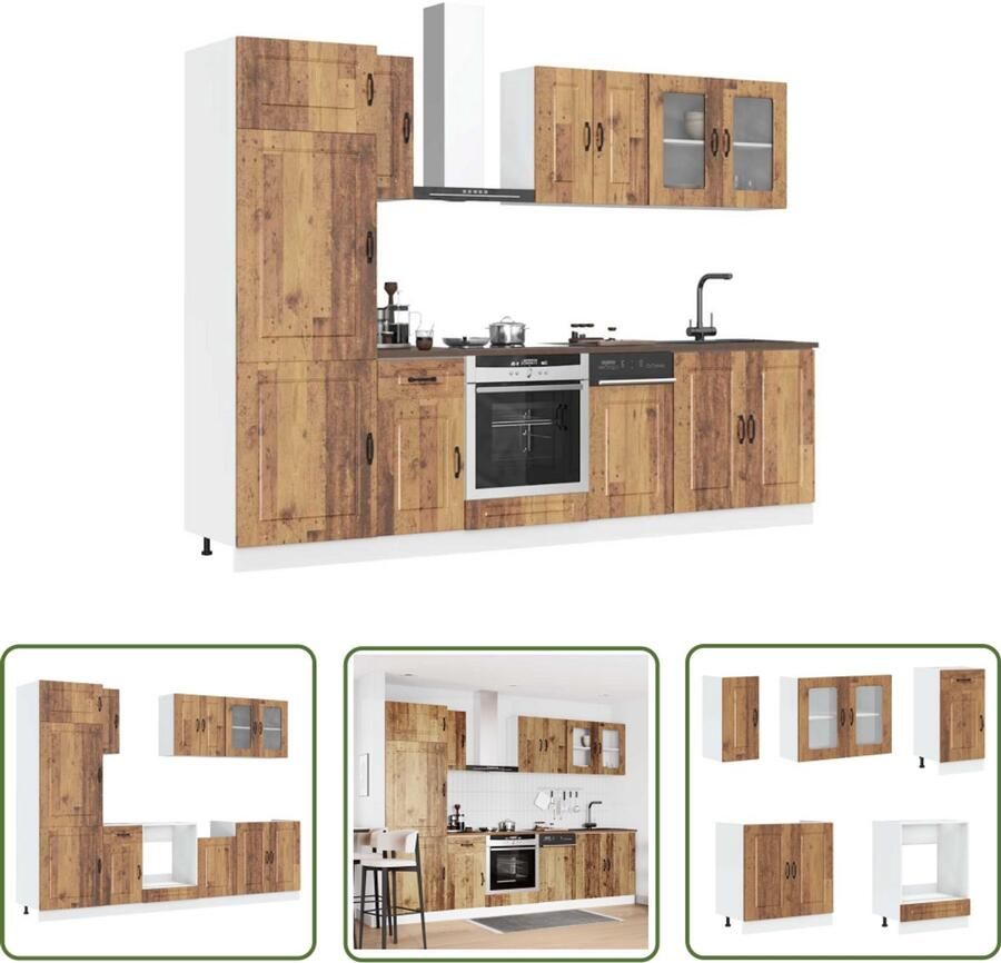 The Living Store 8-delige Keukenkastenset Kalmar bewerkt hout oud houtkleurig Keuken Kast Houten Keuken Keukenopstelling Koksmeubel Opslagruimte Keuken