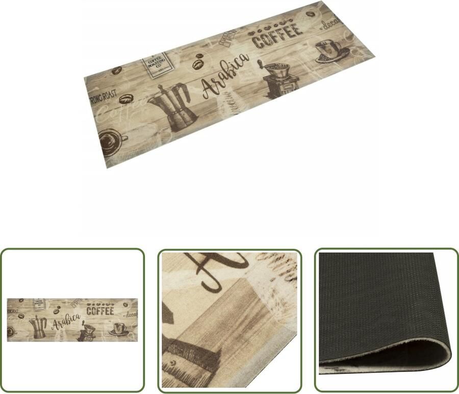 The Living Store Keukenloper Bruine Koffieprint 180 x 60 cm Absorberend en Slipvast Fluweel Latex Duurzaam Keukenloper Keukenmat Vloerkleden Antislip Mat Fluweel