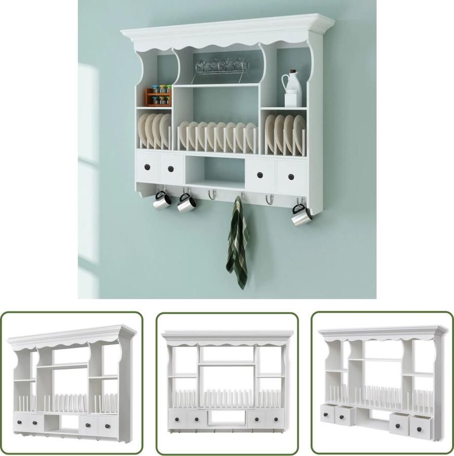 The Living Store Keukenwandkast hout wit Wandkast Keukenopbergruimte Vintage Kast Houten Kast Wit Kast