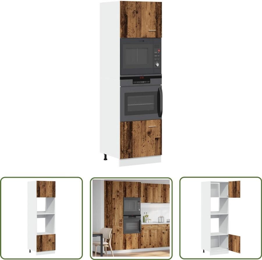 The Living Store Magnetronkast 60x57x207 cm bewerkt hout oud houtkleurig Magnetronschapskast Keukenopbergruimte Houten Kast Opslagkasten Keukenkasten