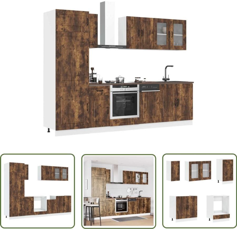 VidaXL Keukenopstelling Keuken Kast Set 8-delige Keukenkastenset Kalmar bewerkt hout gerookt eiken Houten Keuken Roestvrijstalen Keuken Opslagruimte Keuken