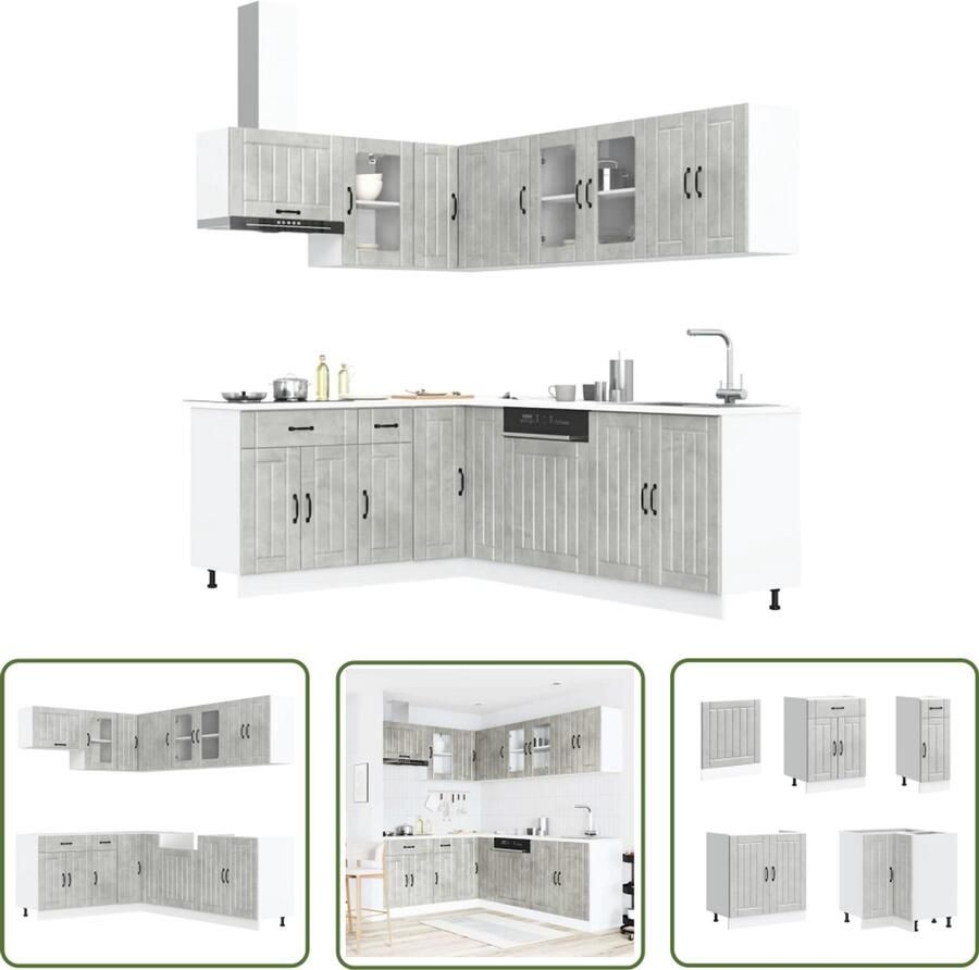 The Living Store 11-delige Keukenkastenset Lucca bewerkt hout betongrijs Keukenkasten Keukenmeubels Houten Keukenkasten Betongrijs Lucca Serie