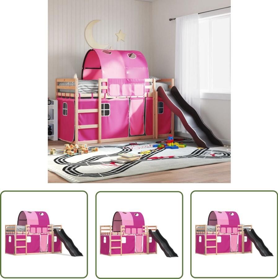VidaXL Stapelbed met glijbaan en gordijnen roze 90x190 cm Stapelbed Kids Bed Houten Bed Kinderkamer Glijbaan