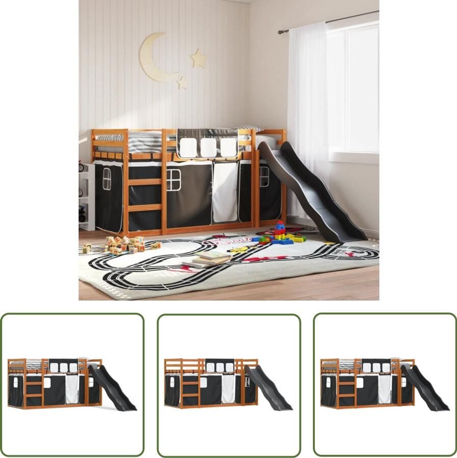 VidaXL Stapelbed met glijbaan en gordijnen wit en zwart 90x200 cm Stapelbed Kids Bed Houten Bed Bunk Bed Glijbaan