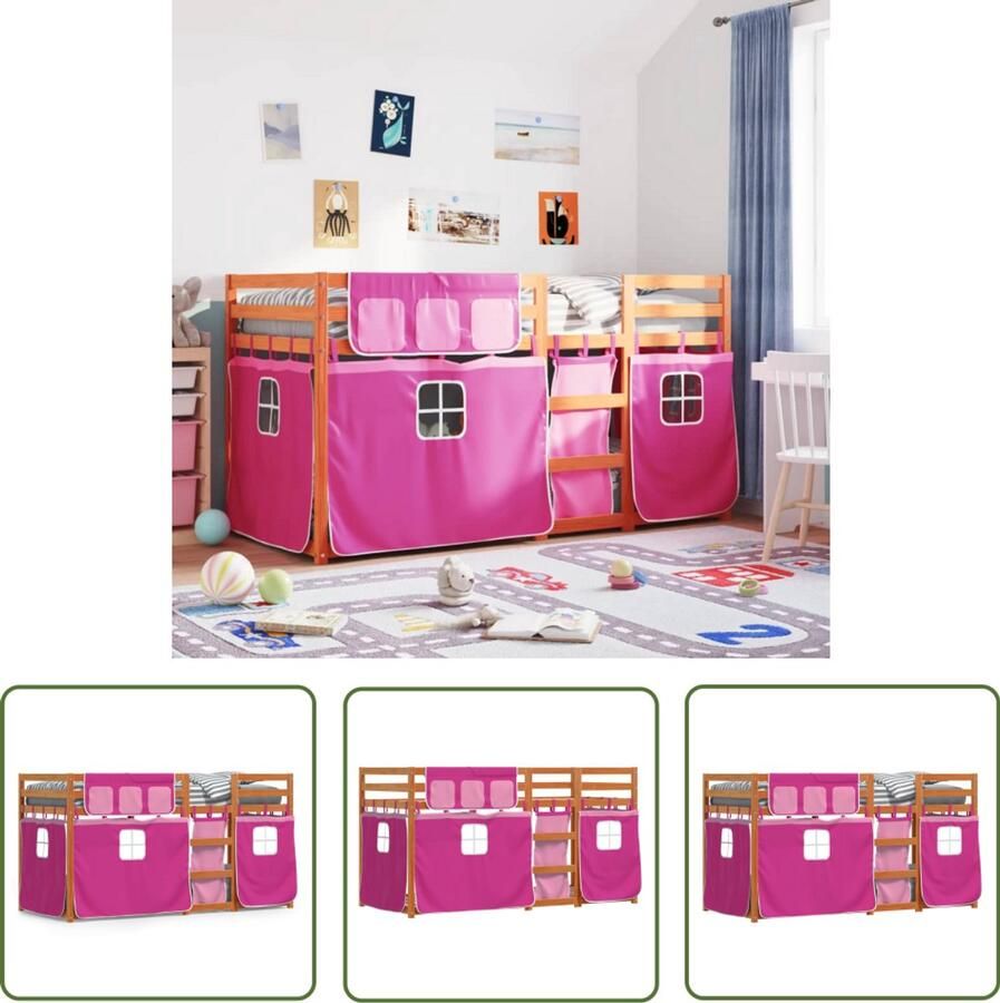 VidaXL Stapelbed met gordijnen 90x200 cm grenenhout roze Stapelbed Kids Bed Houten Bed Kinderkamer Meisjeskamer