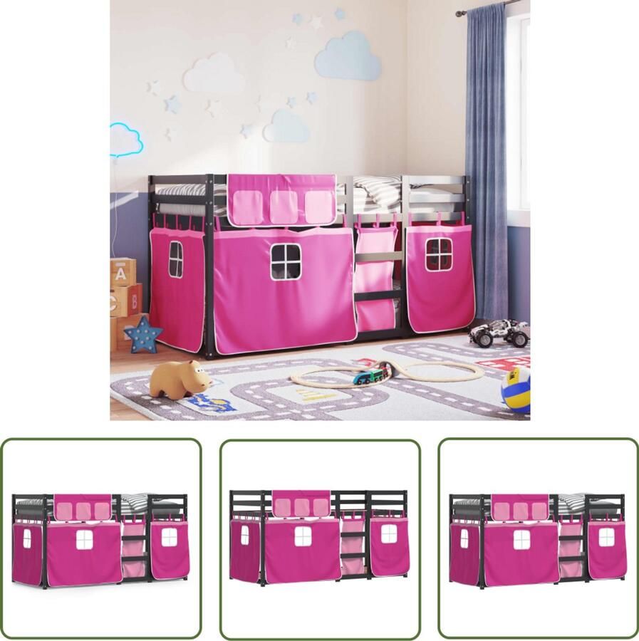 VidaXL Stapelbed met gordijnen 90x200 cm grenenhout roze Stapelbed Kids Bed Tweepersoonsbed Houten Bed Meisjesbed