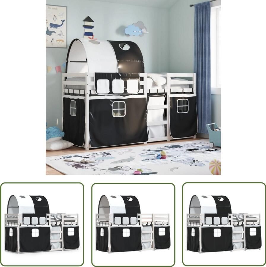 VidaXL Stapelbed met gordijnen 90x200 cm grenenhout wit en zwart Stapelbed Kids Bed Houten Bed Grenenhout Bed Tweepersoons Bed