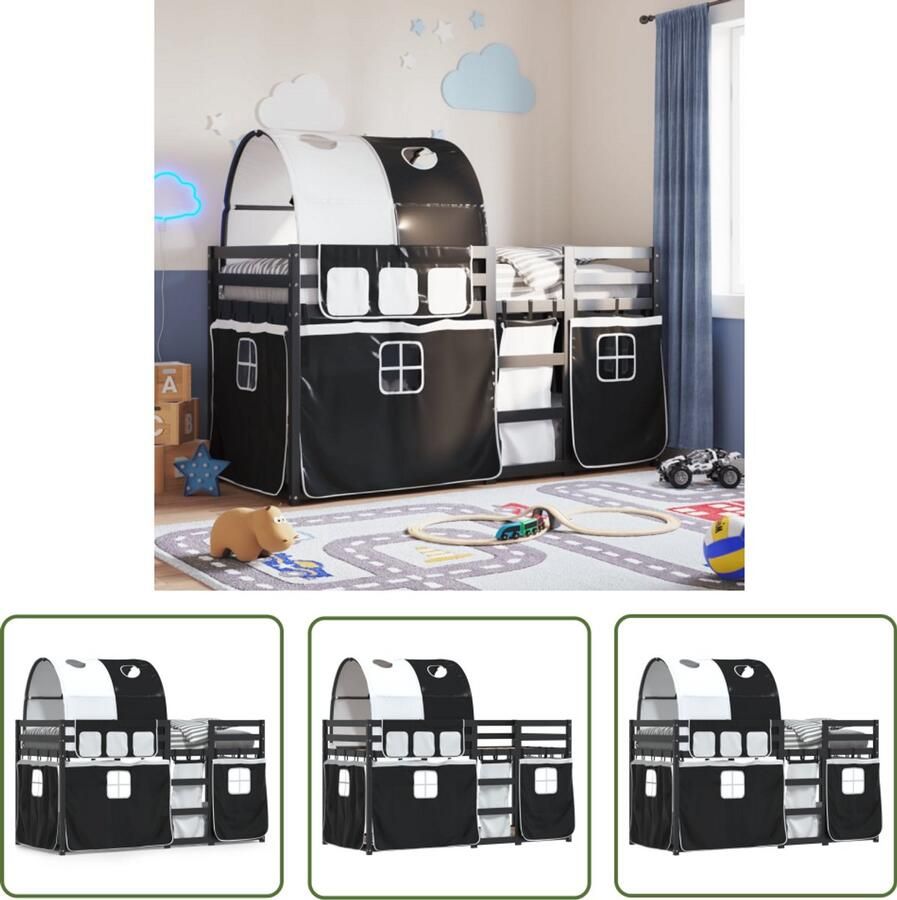 VidaXL Stapelbed met gordijnen 90x200 cm grenenhout wit en zwart Stapelbed Kids Bed Houten Bed Jongens Bed Meisjes Bed