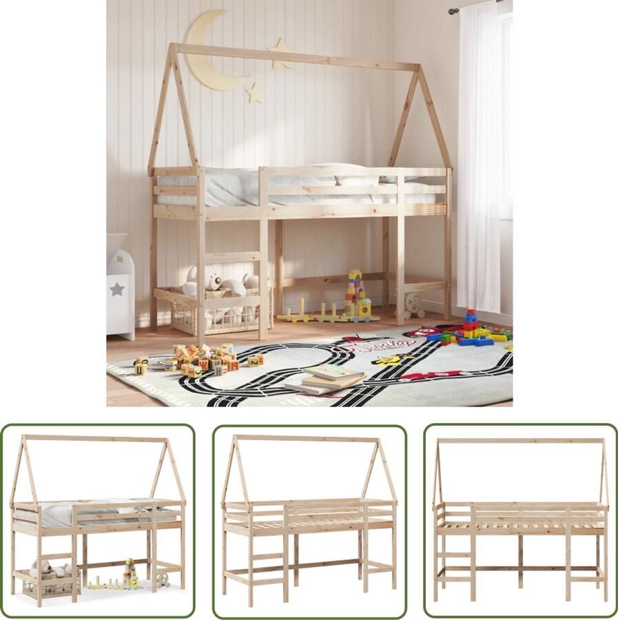 VidaXL Halfhoogslaper met ladder en bedhuis grenenhout 90x190 cm Halfhoogslaper Kidsbed Kinderbed Grenenhouten Bed Bruine Bed