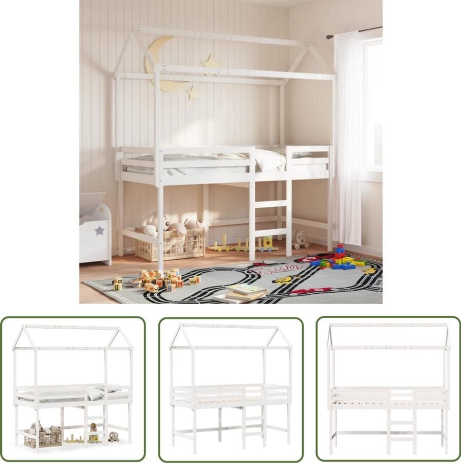 VidaXL Halfhoogslaper met ladder en bedhuis grenenhout wit 80x200 cm Halfhoogslaper Kidsbed Kinderbed Grenenhouten Bed Met Lade