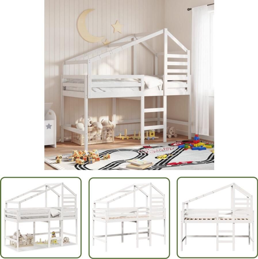 VidaXL Halfhoogslaper met ladder en bedhuis grenenhout wit 80x200 cm Halfhoogslaper Kidsbed Kinderbed Grenenhout Bed Met Ladder