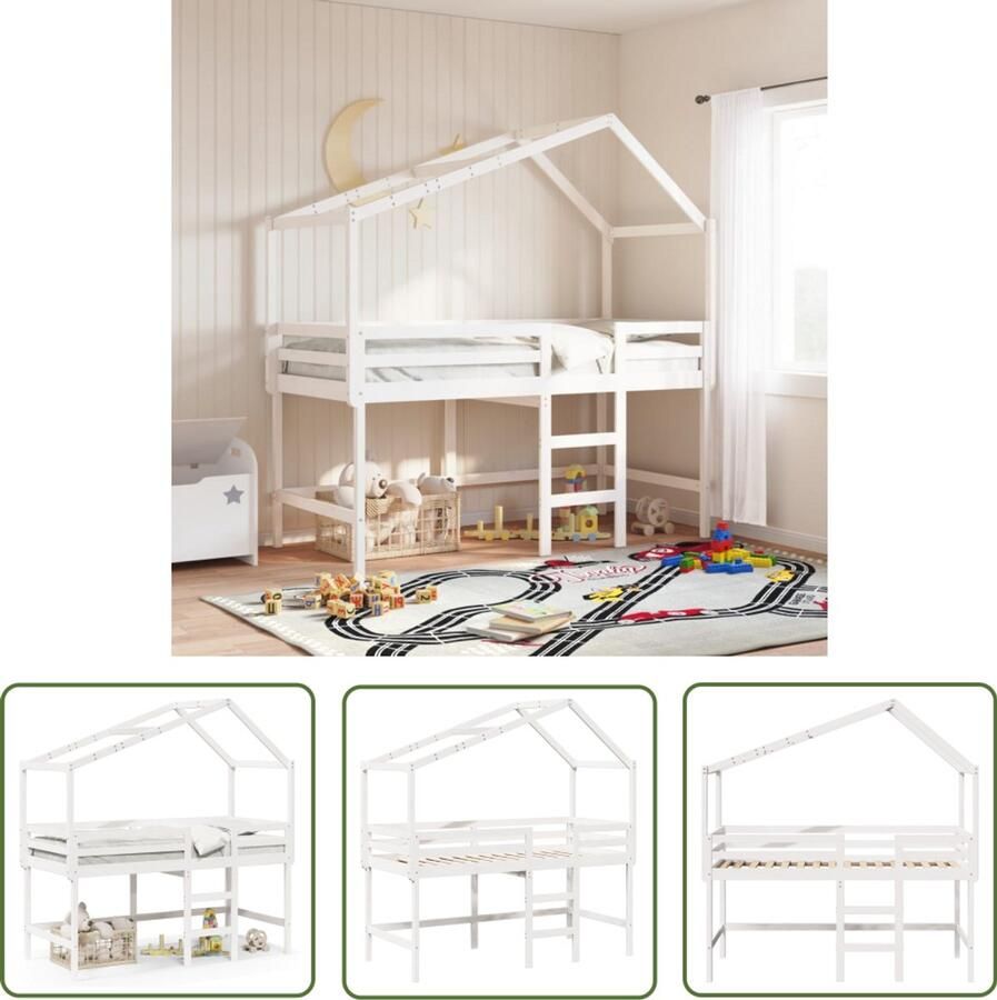 VidaXL Halfhoogslaper met ladder en bedhuis grenenhout wit 90x190 cm Halfhoogslaper Kidsbed Bedhuis Grenenhout Witte Bed