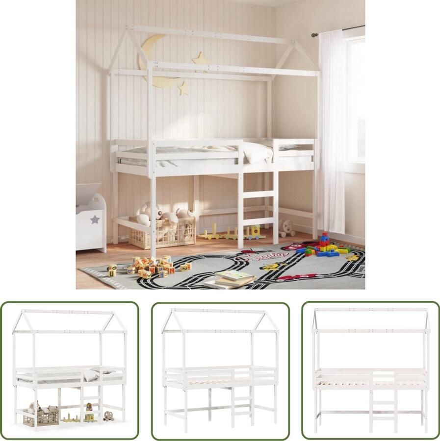 VidaXL Halfhoogslaper met ladder en bedhuis grenenhout wit 90x190 cm Halfhoogslaper Kidsbed Kinderbed Grenenhout Bed Met Lade