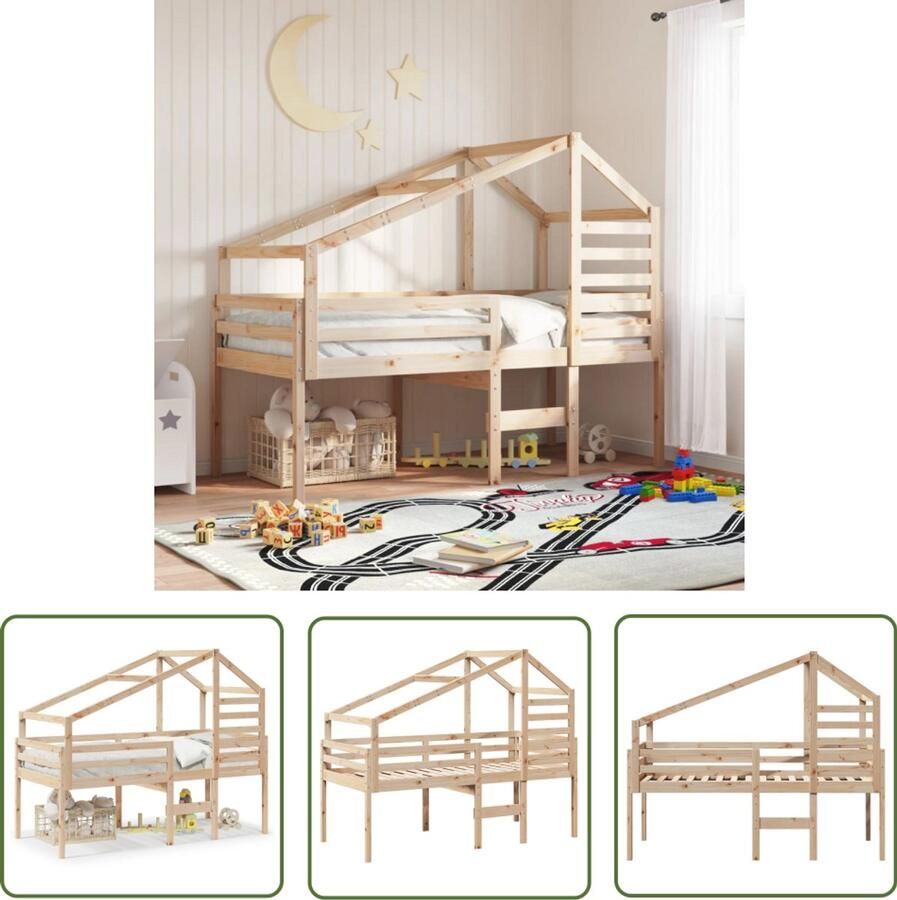 VidaXL Hoogslaper met bedhuis massief grenenhout 80x200 cm Hoogslaper Kidsbed Kinderbed Bedhuis Grenenhout
