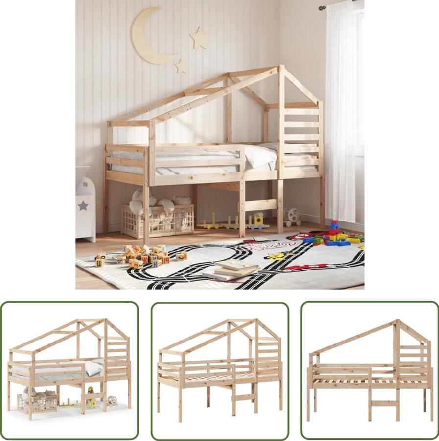 VidaXL Hoogslaper met dak massief grenenhout wasbruin 75x190 cm Hoogslaper Kidsbed Houten Bed Kinderbed Grenenhouten Bed