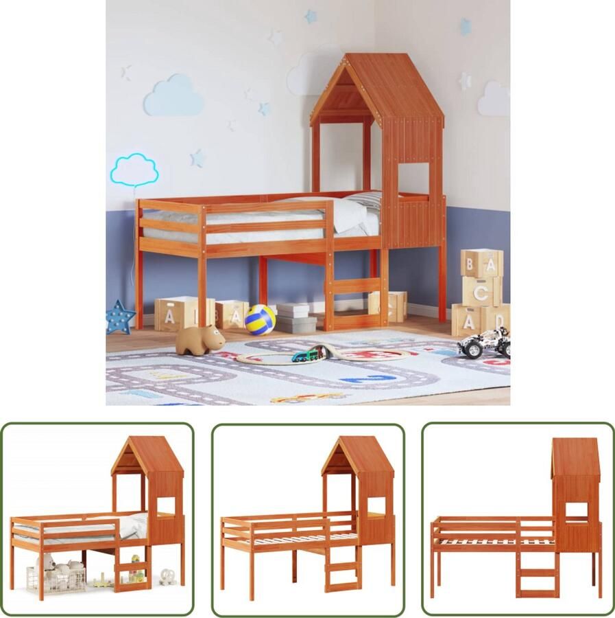 VidaXL Hoogslaper met dak massief grenenhout wasbruin 90x190 cm Hoogslaper Kidsbed Houten Bed Kinderbed Grenenhouten Bed
