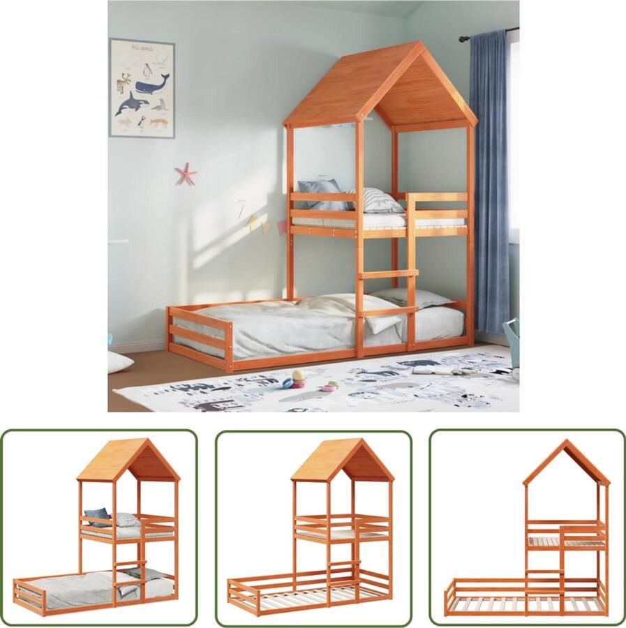VidaXL Kinderbed met huisje massief grenenhout wasbruin 80x200 cm Kinderbed Kidsbed Hutbed Grenenhouten Bed Bruingekleurd Bed