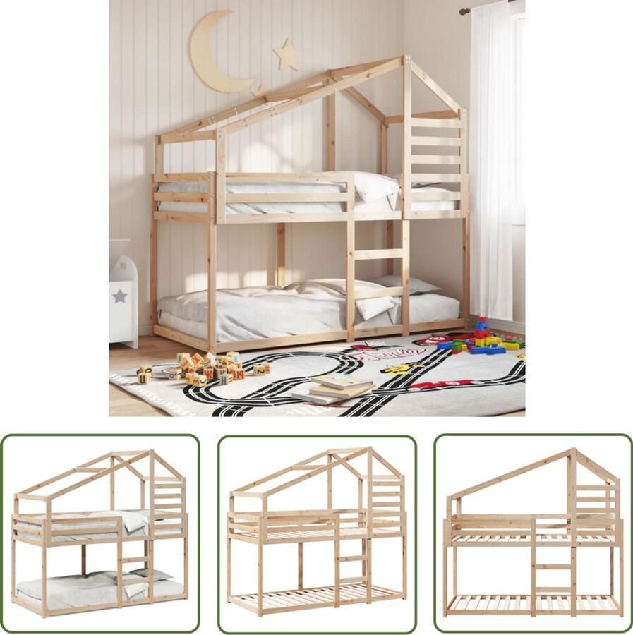 VidaXL Stapelbed 75x190 cm met dak massief grenenhout Stapelbed Kidsbed Houten Bed Kinderkamer Bruine Kleur