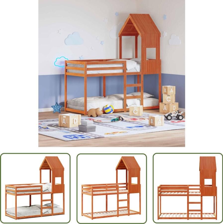 VidaXL Stapelbed met dak massief grenenhout wasbruin 75x190 cm Stapelbed Kidsbed Houten Bed Grenenhout Bed Kinderbed