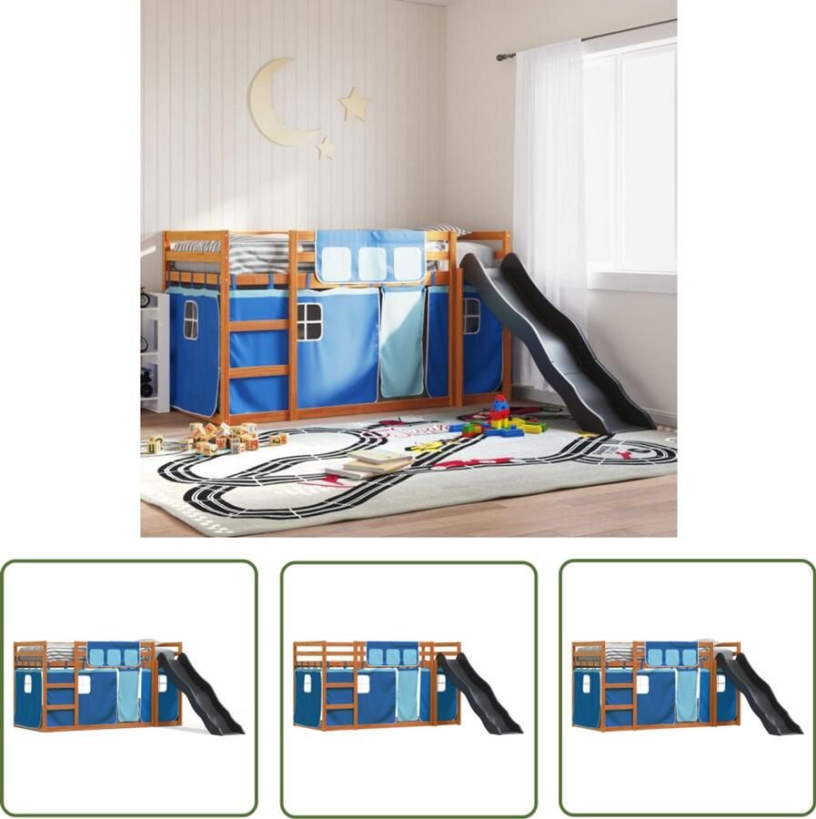 VidaXL Stapelbed met glijbaan en gordijnen blauw 90x200 cm Stapelbed Kidsbed Houten Bed Tweepersoonsbed Glijbaan
