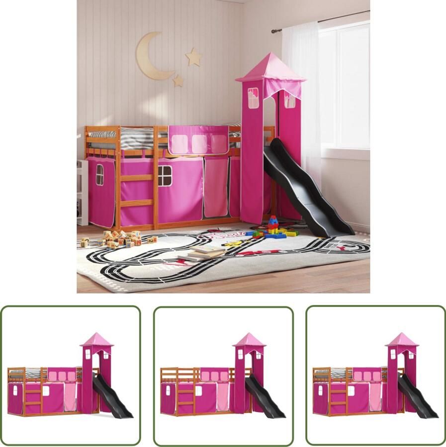 VidaXL Stapelbed met glijbaan en gordijnen roze 90x200 cm Stapelbed Kidsbed Houten Bed Kinderbed Tweepersoonsbed