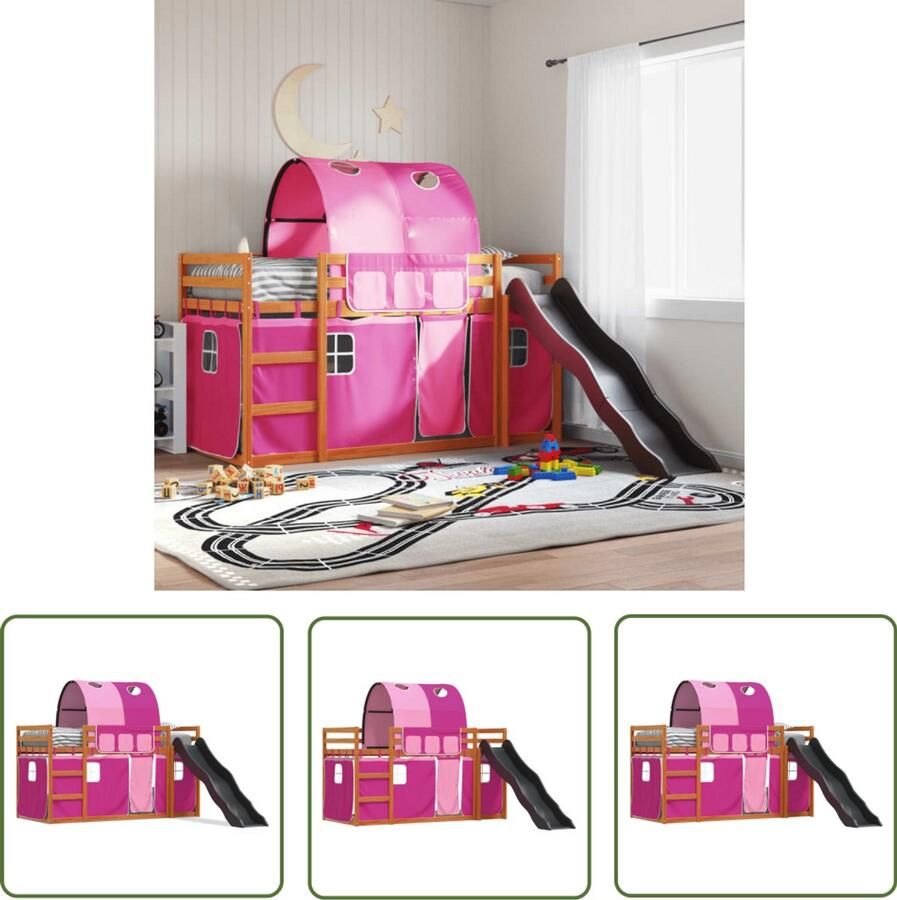 VidaXL Stapelbed met glijbaan en gordijnen roze 90x200 cm Stapelbed Kidsbed Houten Bed Pink Bed Meisjesbed