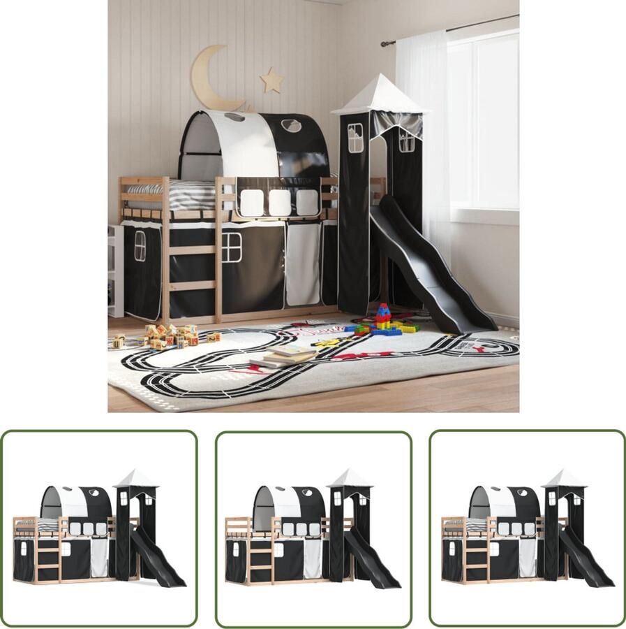VidaXL Stapelbed met glijbaan en gordijnen wit en zwart 90x190 cm Stapelbed Kidsbed Houten Bed Bunkbed Glijbaan